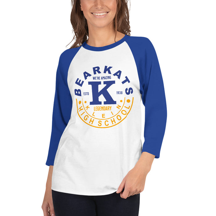 Woman wearing a Klein High School Bearkats Unisex 3/4 Sleeve Raglan T-shirt 19