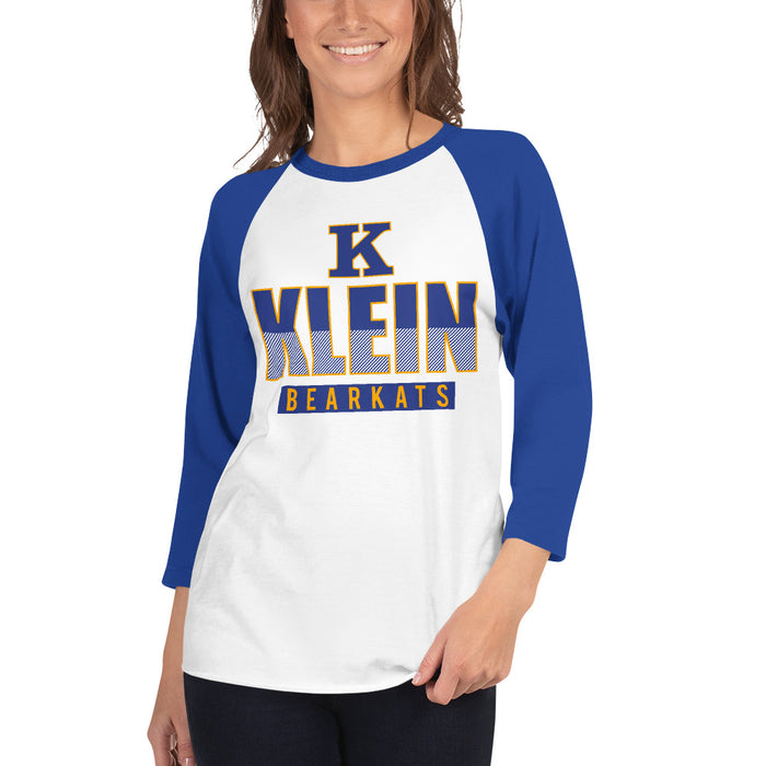 Woman wearing a Klein High School Bearkats Unisex 3/4 Sleeve Raglan T-shirt 23