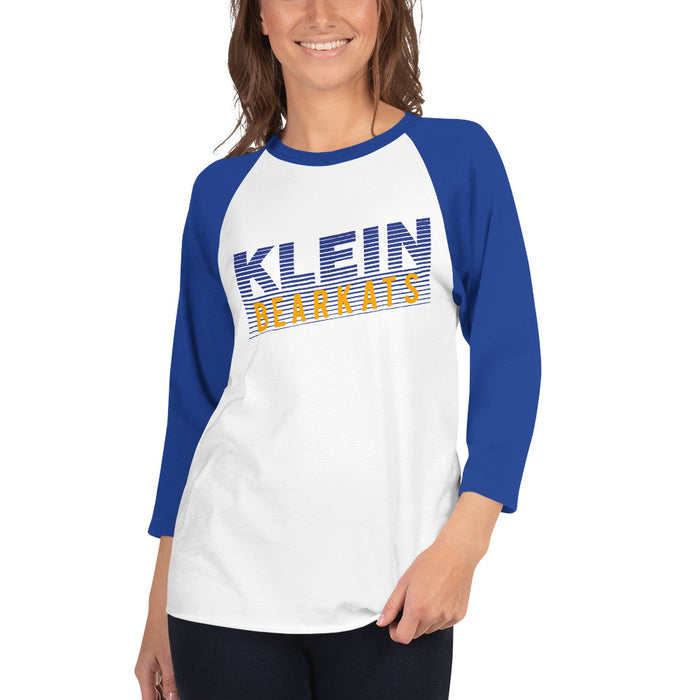 Woman wearing a Klein High School Bearkats Unisex 3/4 Sleeve Raglan T-shirt 32