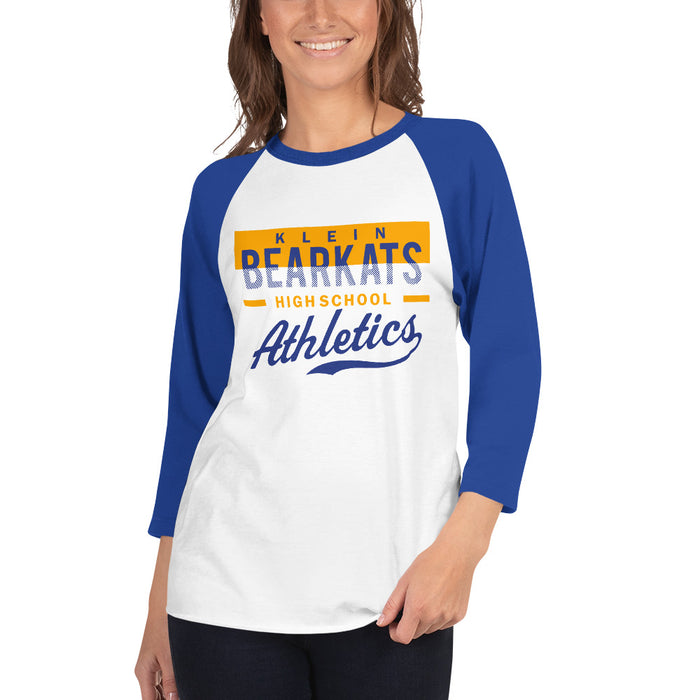 Woman wearing a Klein High School Bearkats Unisex 3/4 Sleeve Raglan T-shirt 48