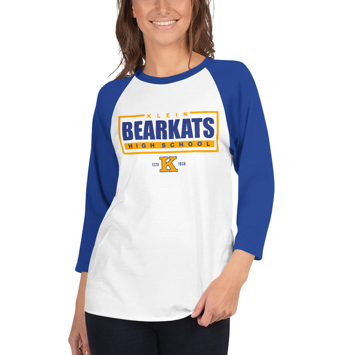 Woman wearing a Klein High School Bearkats Unisex 3/4 Sleeve Raglan T-shirt 49