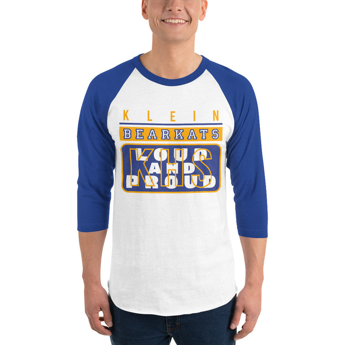 Man wearing a Klein High School Bearkats Unisex 3/4 Sleeve Raglan T-shirt 86