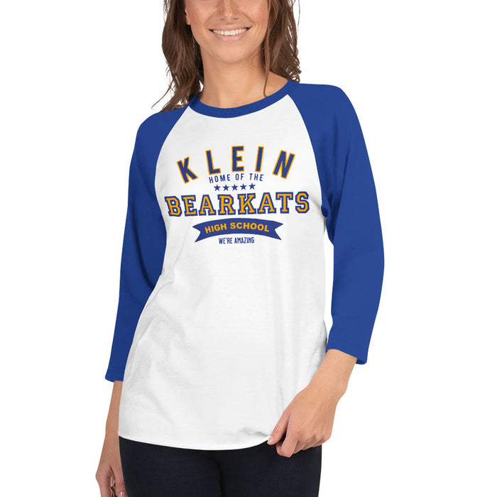 Woman wearing a Klein High School Bearkats Unisex 3/4 Sleeve Raglan T-shirt 96