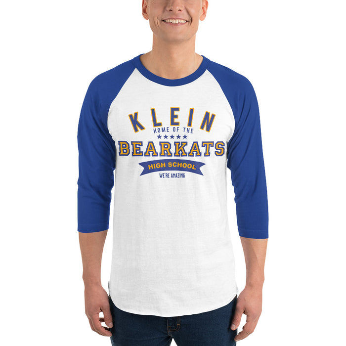 Man wearing a Klein High School Bearkats Unisex 3/4 Sleeve Raglan T-shirt 96