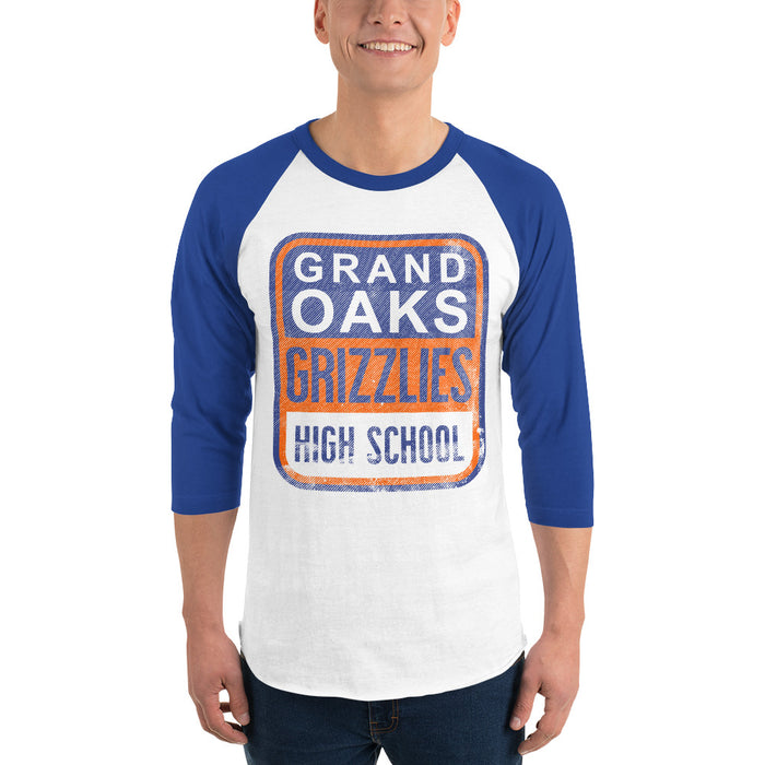 Man wearing a Grand Oaks High School Grizzlies Unisex 3/4 sleeve Raglan T-shirt 01