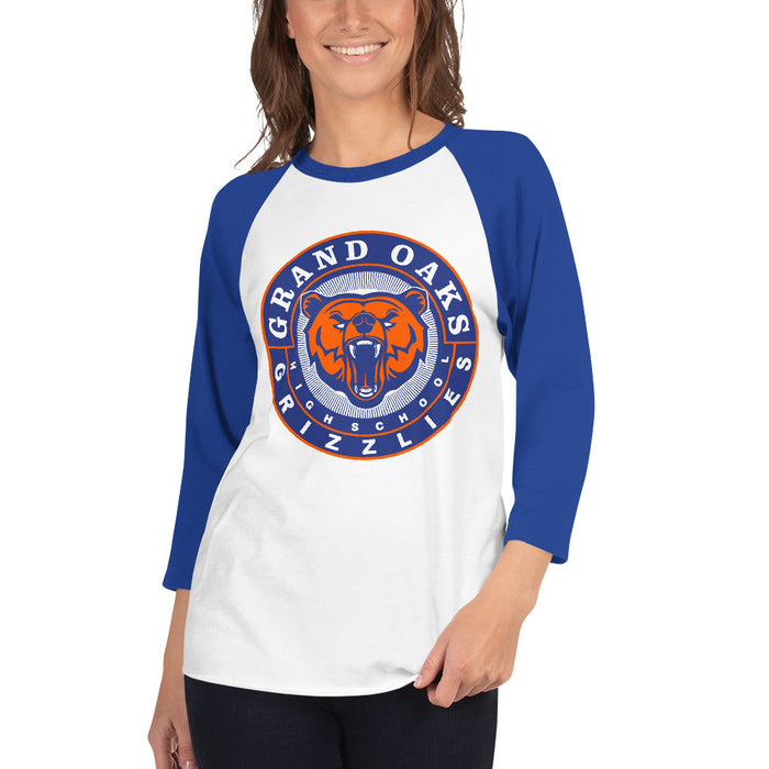 Woman wearing a Grand Oaks High School Grizzlies Unisex 3/4 sleeve Raglan T-shirt 02