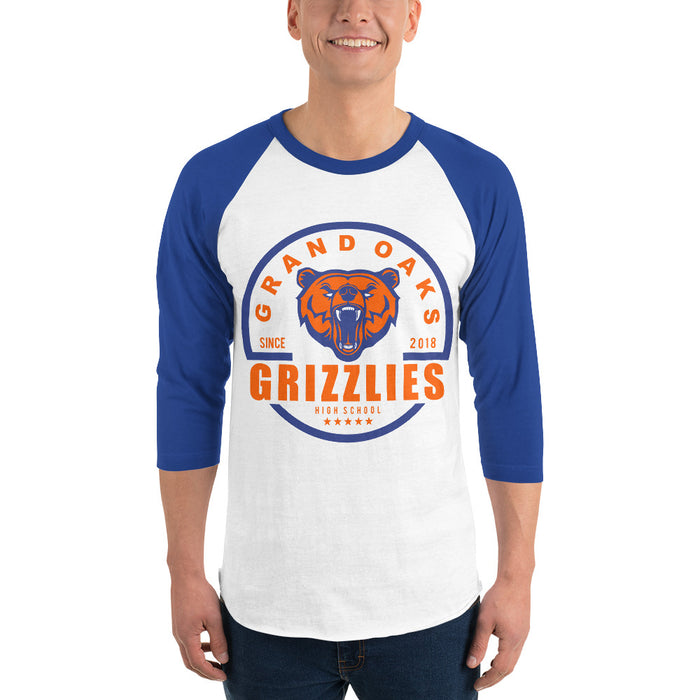 Man wearing a Grand Oaks High School Grizzlies Unisex 3/4 sleeve Raglan T-shirt 04