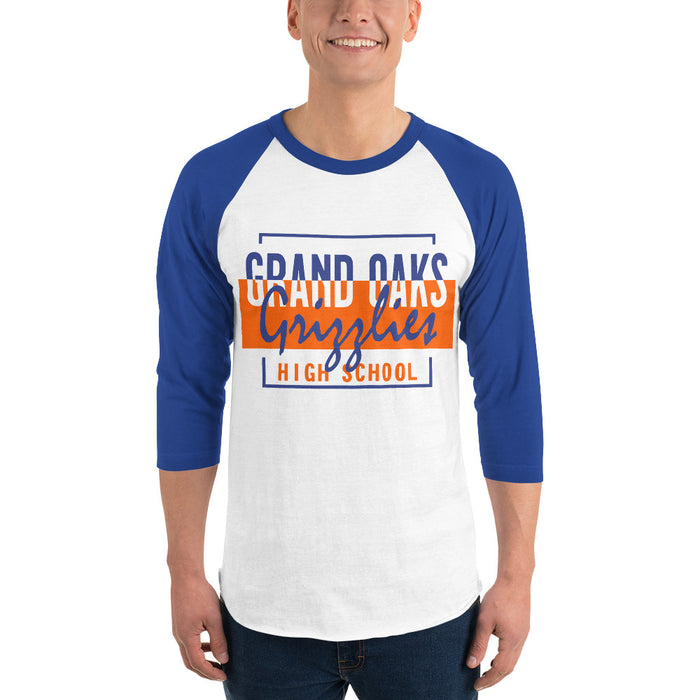 Man wearing a Grand Oaks High School Grizzlies Unisex 3/4 sleeve Raglan T-shirt 05