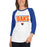 Woman wearing a Grand Oaks High School Grizzlies Unisex 3/4 sleeve Raglan T-shirt 07