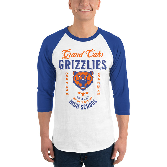 Man wearing a Grand Oaks High School Grizzlies Unisex 3/4 sleeve Raglan T-shirt 09