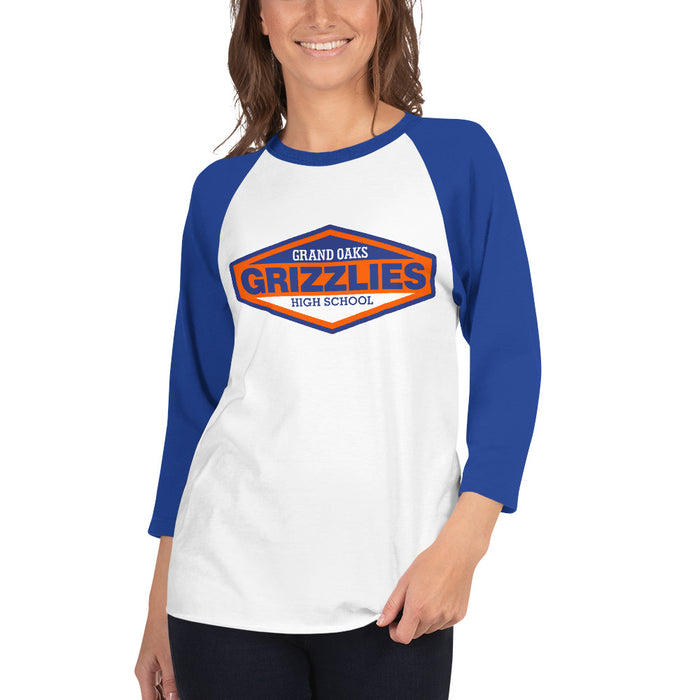 Woman wearing a Grand Oaks High School Grizzlies Unisex 3/4 sleeve Raglan T-shirt 09