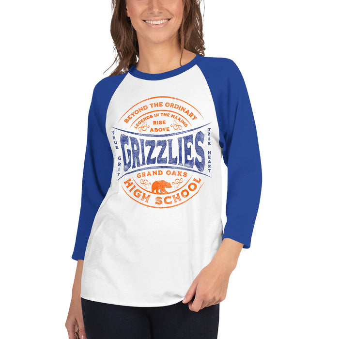 Woman wearing a Grand Oaks High School Grizzlies Unisex 3/4 sleeve Raglan T-shirt 10