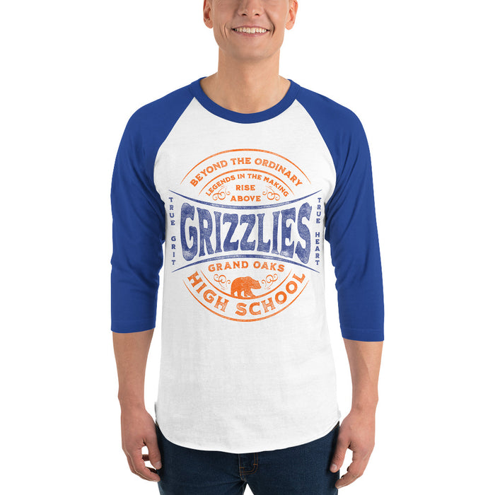 Man wearing a Grand Oaks High School Grizzlies Unisex 3/4 sleeve Raglan T-shirt 10