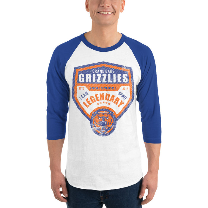 Man wearing a Grand Oaks High School Grizzlies Unisex 3/4 sleeve Raglan T-shirt 14