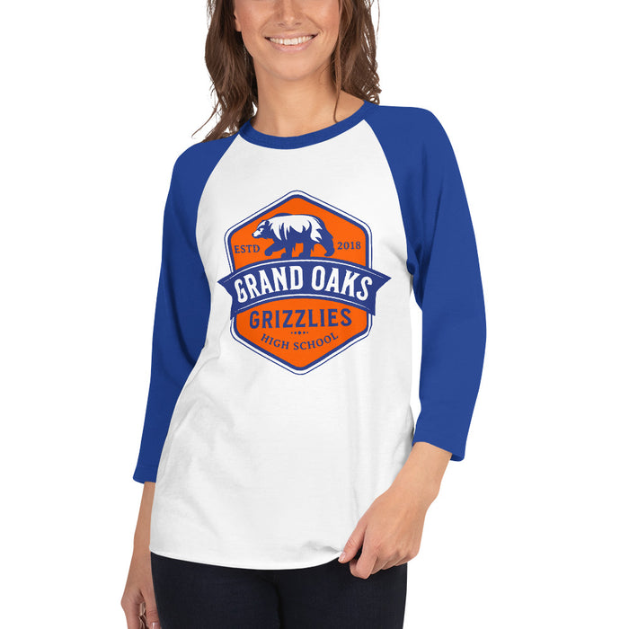 Woman wearing a Grand Oaks High School Grizzlies Unisex 3/4 sleeve Raglan T-shirt 15