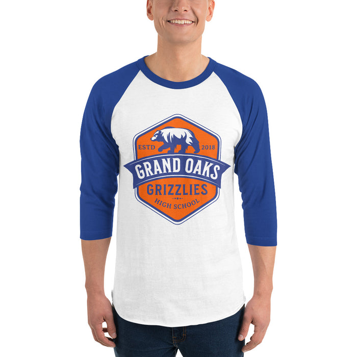 Man wearing a Grand Oaks High School Grizzlies Unisex 3/4 sleeve Raglan T-shirt 15