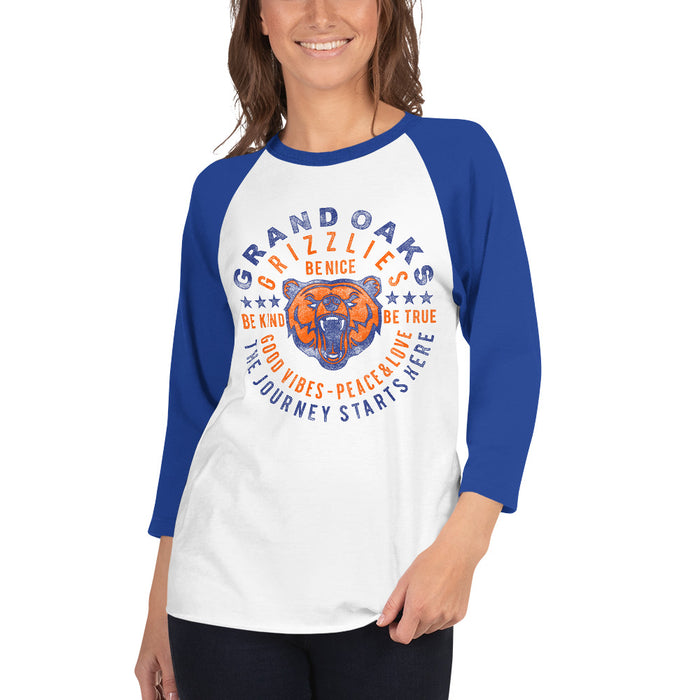 Woman wearing a Grand Oaks High School Grizzlies Unisex 3/4 sleeve Raglan T-shirt 16