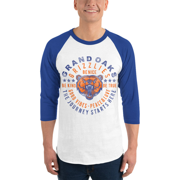 Man wearing a Grand Oaks High School Grizzlies Unisex 3/4 sleeve Raglan T-shirt 16