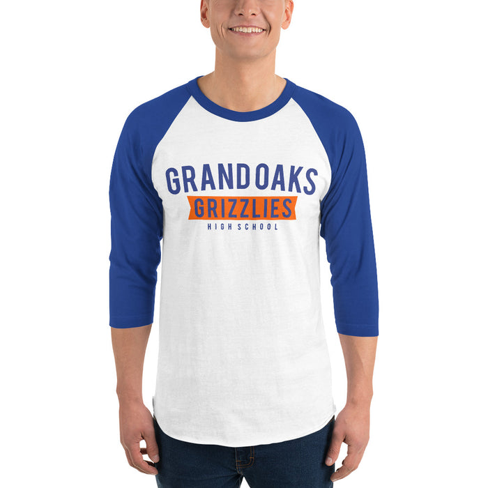 Man wearing a Grand Oaks High School Grizzlies Unisex 3/4 sleeve Raglan T-shirt 21