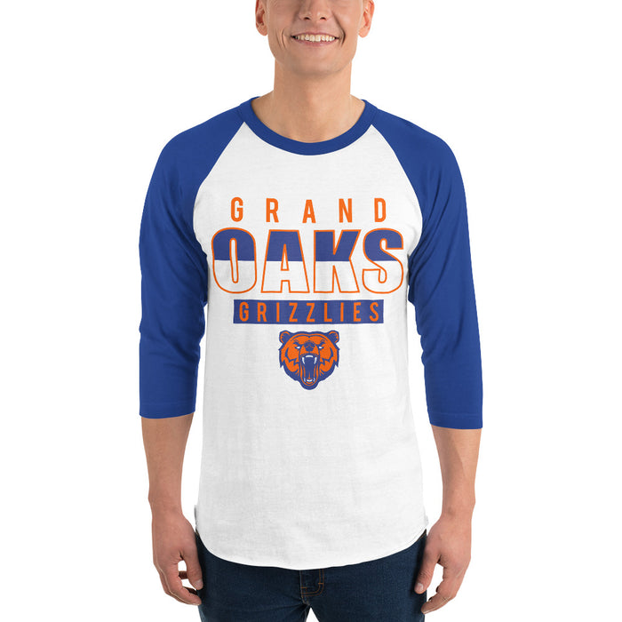 Man wearing a Grand Oaks High School Grizzlies Unisex 3/4 sleeve Raglan T-shirt 23