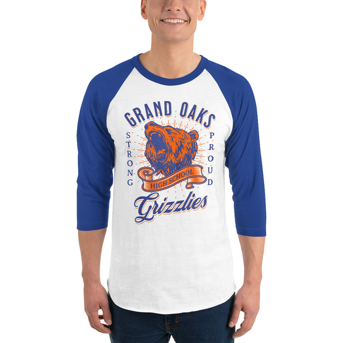 Man wearing a Grand Oaks High School Grizzlies Unisex 3/4 sleeve Raglan T-shirt 26