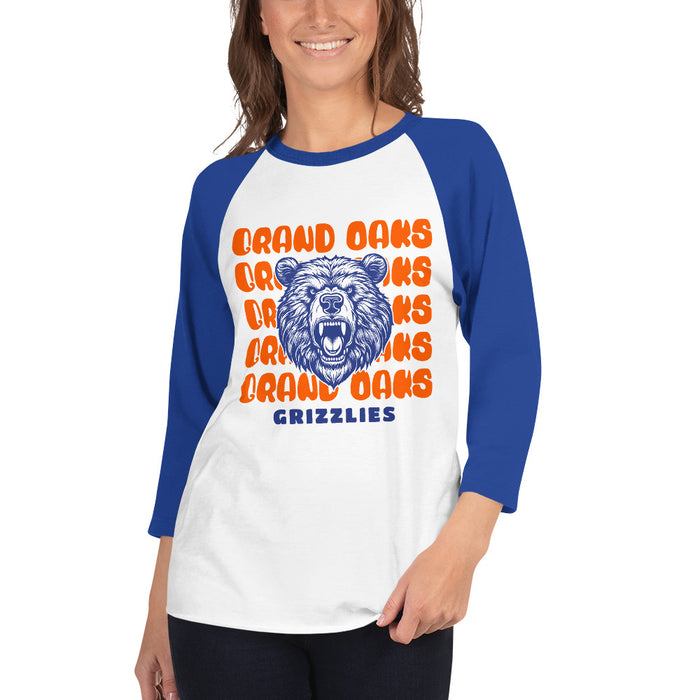 Woman wearing a Grand Oaks High School Grizzlies Unisex 3/4 sleeve Raglan T-shirt 28