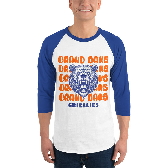 Man wearing a Grand Oaks High School Grizzlies Unisex 3/4 sleeve Raglan T-shirt 28