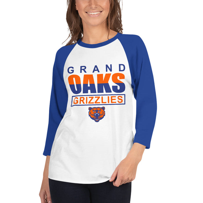 Woman wearing a Grand Oaks High School Grizzlies Unisex 3/4 sleeve Raglan T-shirt 29