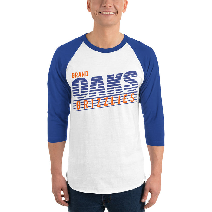 Man wearing a Grand Oaks High School Grizzlies Unisex 3/4 sleeve Raglan T-shirt 32