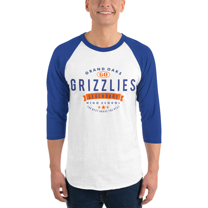 Man wearing a Grand Oaks High School Grizzlies Unisex 3/4 sleeve Raglan T-shirt 44