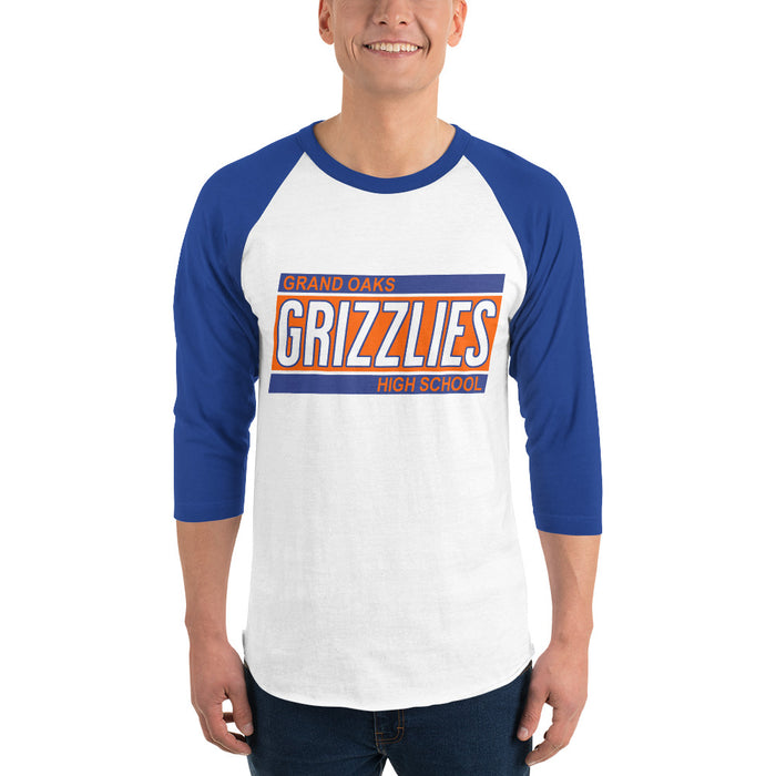 Man wearing a Grand Oaks High School Grizzlies Unisex 3/4 sleeve Raglan T-shirt 72