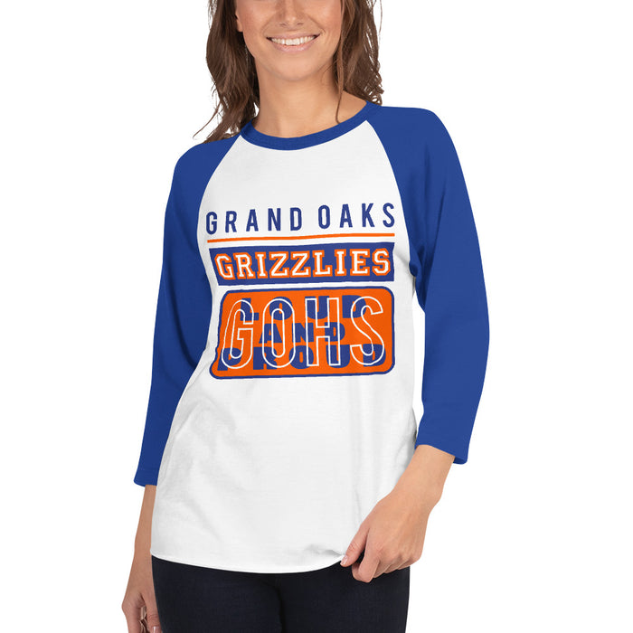 Woman wearing a Grand Oaks High School Grizzlies Unisex 3/4 sleeve Raglan T-shirt 86