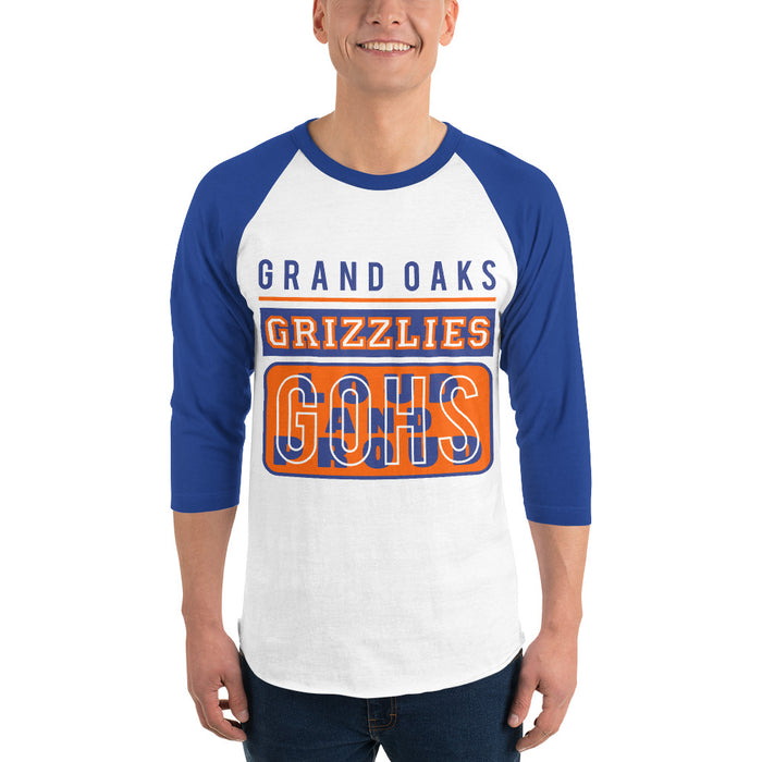 Man wearing a Grand Oaks High School Grizzlies Unisex 3/4 sleeve Raglan T-shirt 86