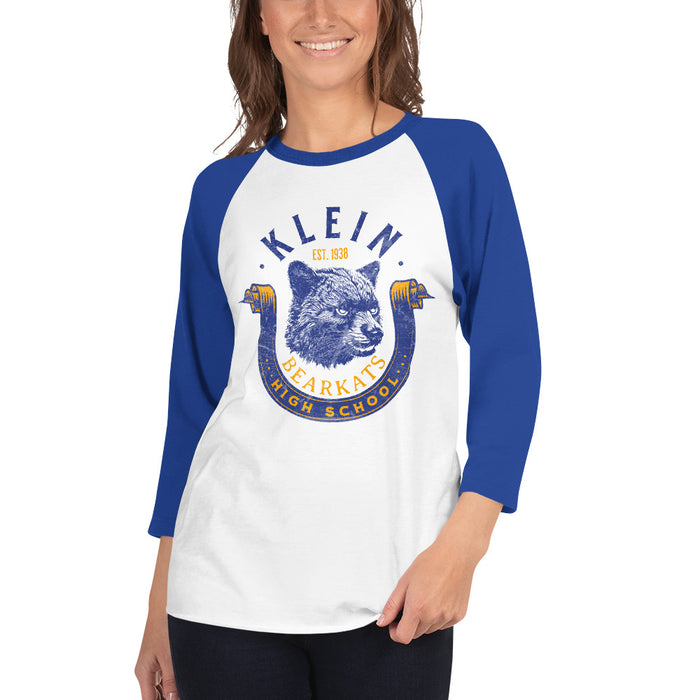 Woman wearing a Klein High School Bearkats Unisex 3/4 Sleeve Raglan T-shirt 202