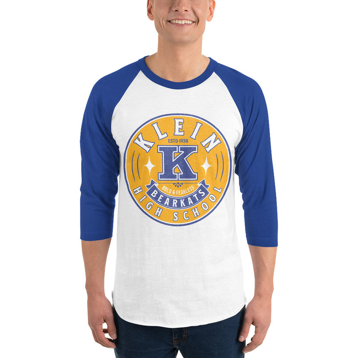 Man wearing a Klein High School Bearkats Unisex 3/4 Sleeve Raglan T-shirt 204