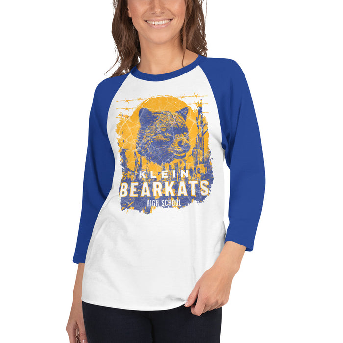 Woman wearing a Klein High School Bearkats Unisex 3/4 Sleeve Raglan T-shirt 205