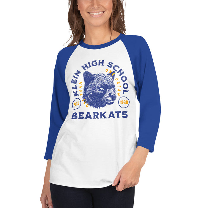 Woman wearing a Klein High School Bearkats Unisex 3/4 Sleeve Raglan T-shirt 208