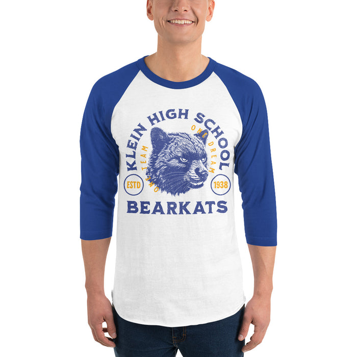 Man wearing a Klein High School Bearkats Unisex 3/4 Sleeve Raglan T-shirt 208