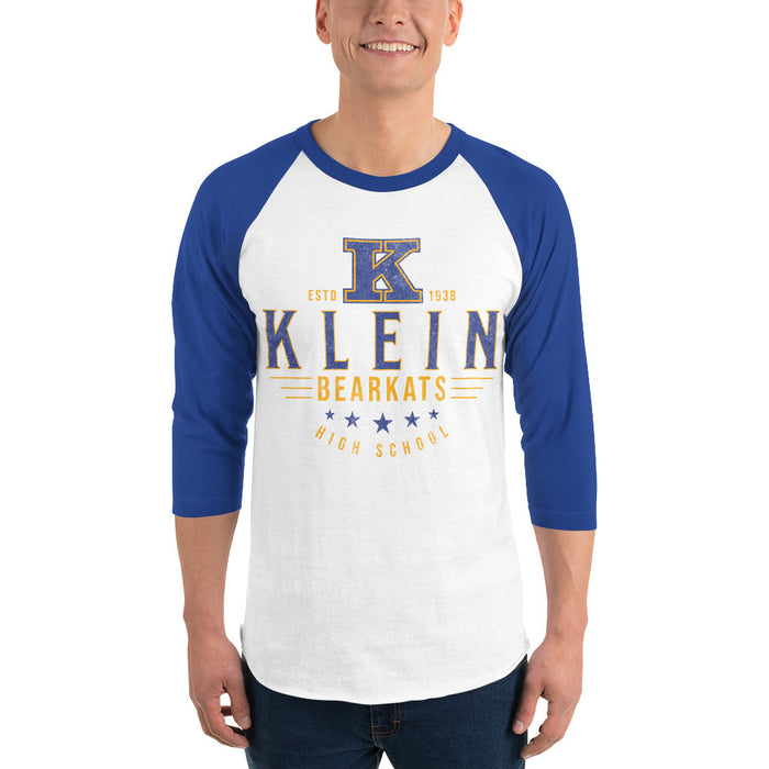 Man wearing a Klein High School Bearkats Unisex 3/4 Sleeve Raglan T-shirt 209