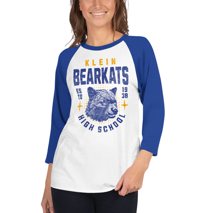 Woman wearing a Klein High School Bearkats Unisex 3/4 Sleeve Raglan T-shirt 213