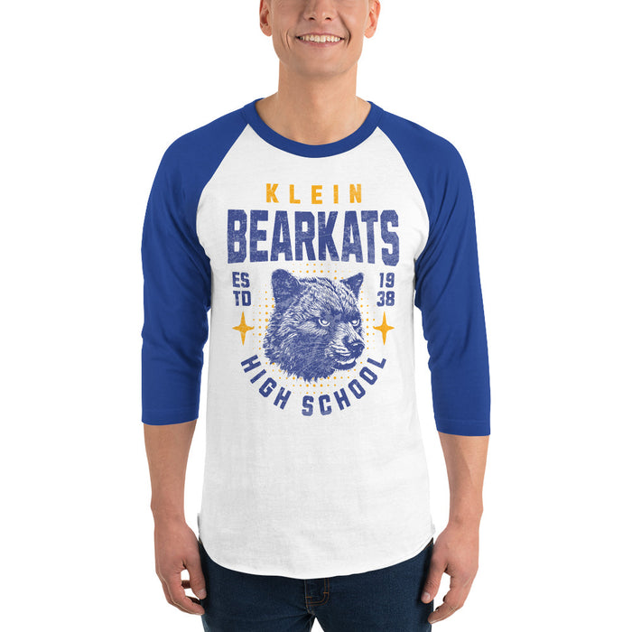 Man wearing a Klein High School Bearkats Unisex 3/4 Sleeve Raglan T-shirt 213