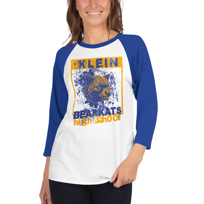 Woman wearing a Klein High School Bearkats Unisex 3/4 Sleeve Raglan T-shirt 214