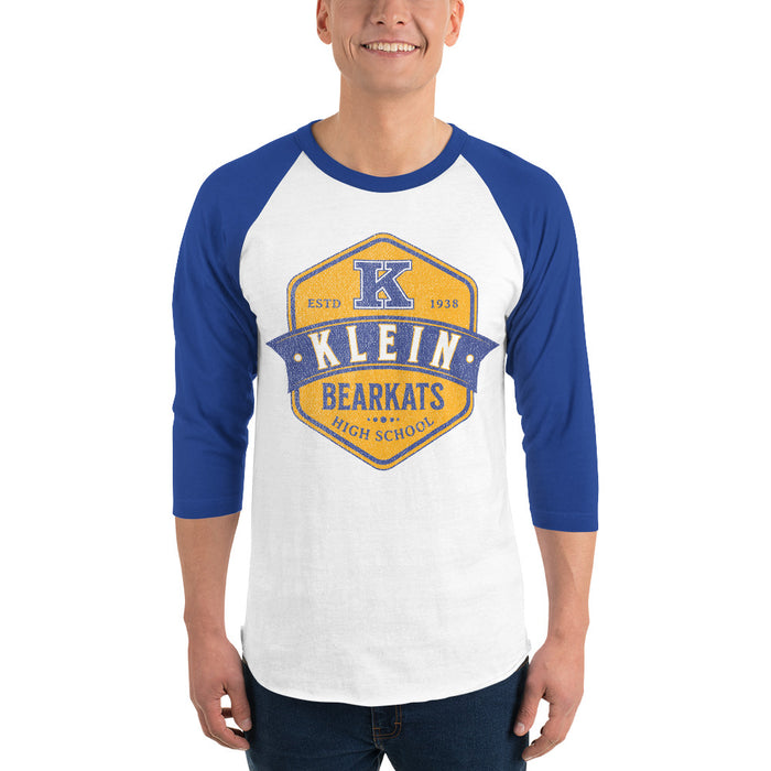 Man wearing a Klein High School Bearkats Unisex 3/4 Sleeve Raglan T-shirt 215