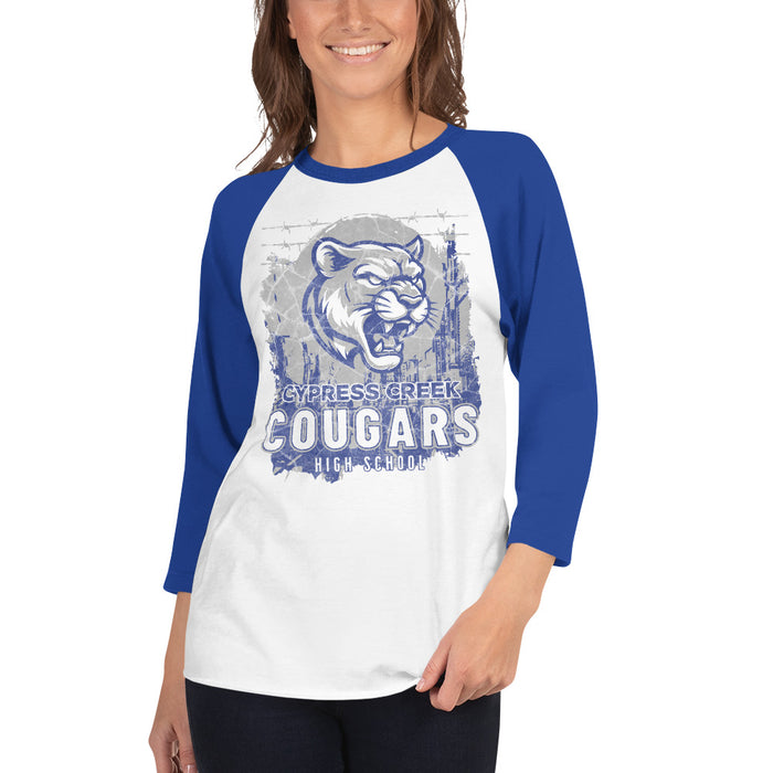 Woman wearing Cypress Creek High School Cougars Unisex 3/4 sleeve Raglan T-shirt 202