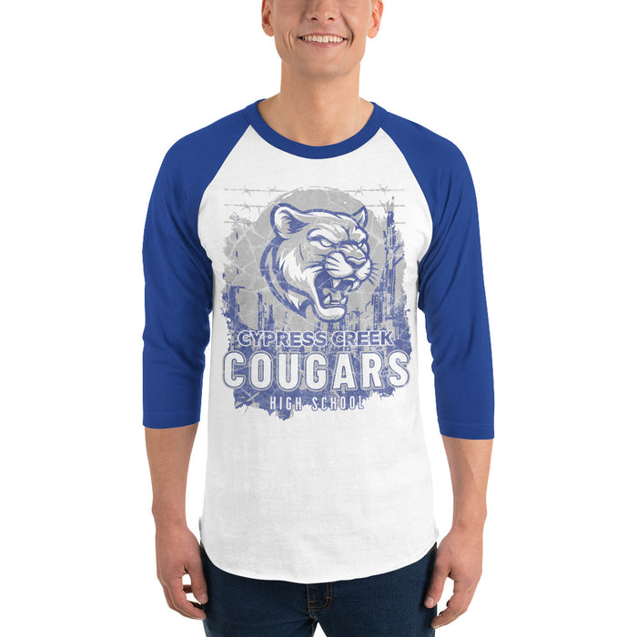 Man wearing Cypress Creek High School Cougars Unisex 3/4 sleeve Raglan T-shirt 202