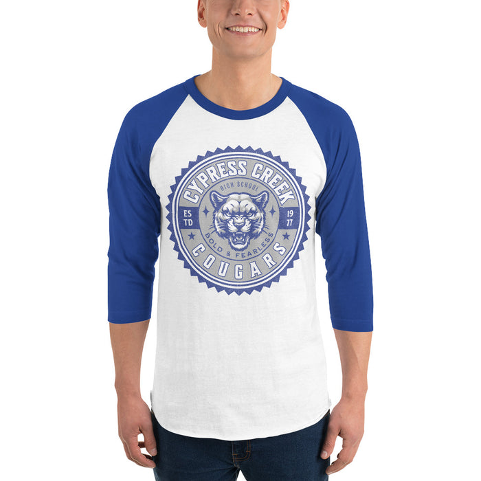 Man wearing Cypress Creek High School Cougars Unisex 3/4 sleeve Raglan T-shirt 203