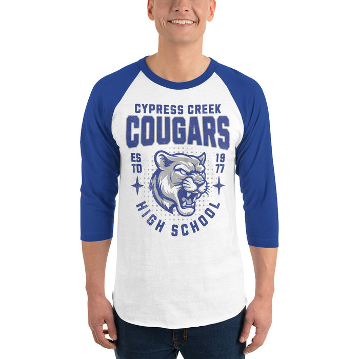 Man wearing Cypress Creek High School Cougars Unisex 3/4 sleeve Raglan T-shirt 204