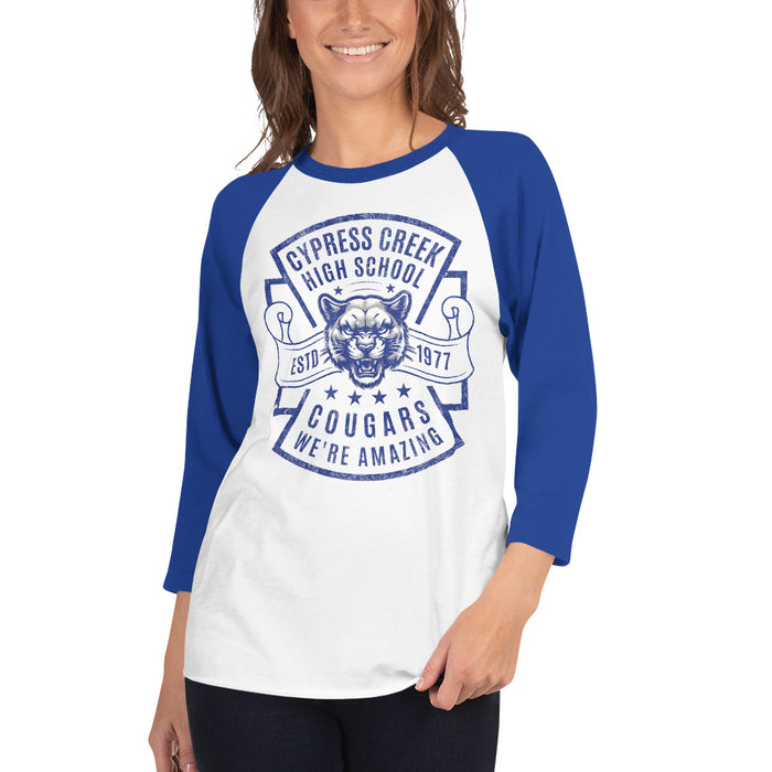 Woman wearing Cypress Creek High School Cougars Unisex 3/4 sleeve Raglan T-shirt 207