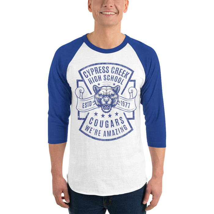 Man wearing Cypress Creek High School Cougars Unisex 3/4 sleeve Raglan T-shirt 207