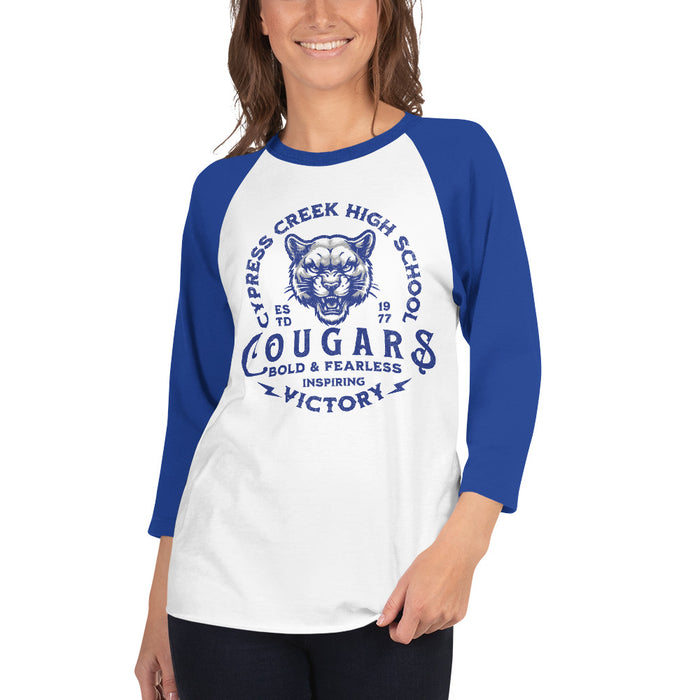 Woman wearing Cypress Creek High School Cougars Unisex 3/4 sleeve Raglan T-shirt 208